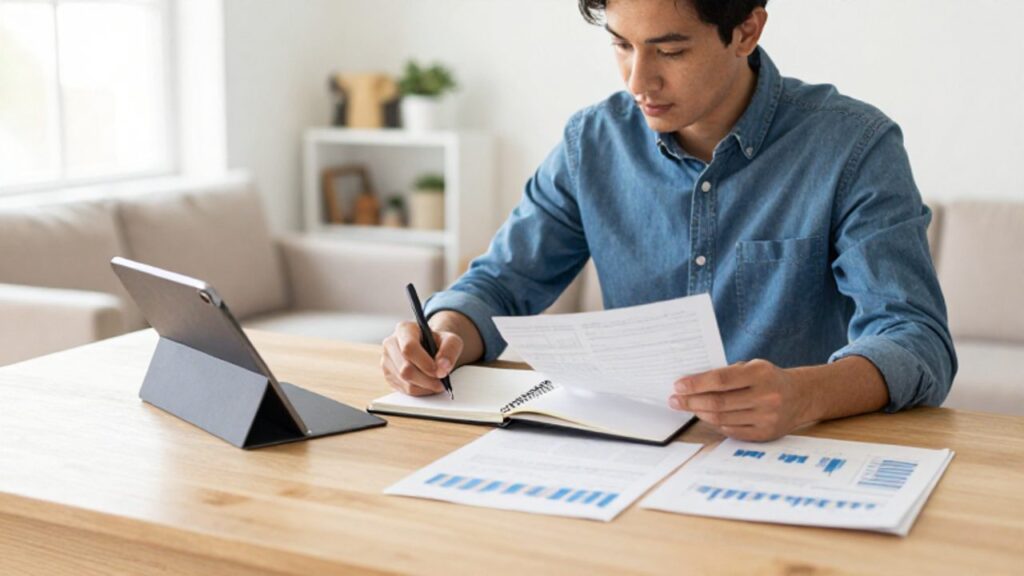Persona joven concentrada revisando documentos financieros y tomando notas en un planificador sobre un escritorio organizado.