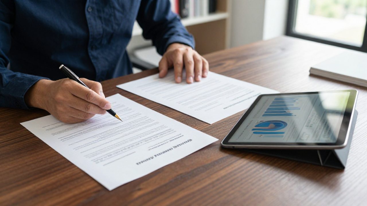 Manos de un profesional revisando documentos de seguros y una tableta con gráficos financieros sobre un escritorio de madera.