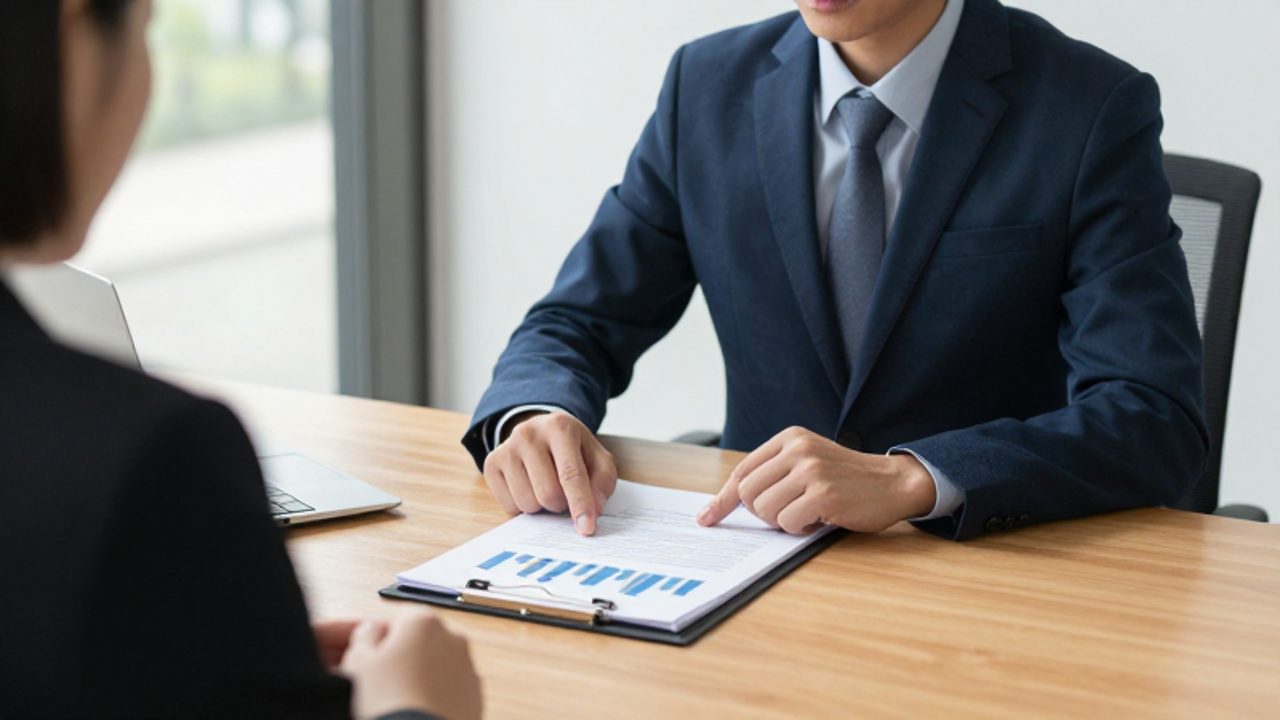Asesor financiero señala gráficos y documentos en una carpeta durante una consulta tranquila con un cliente en una oficina luminosa.