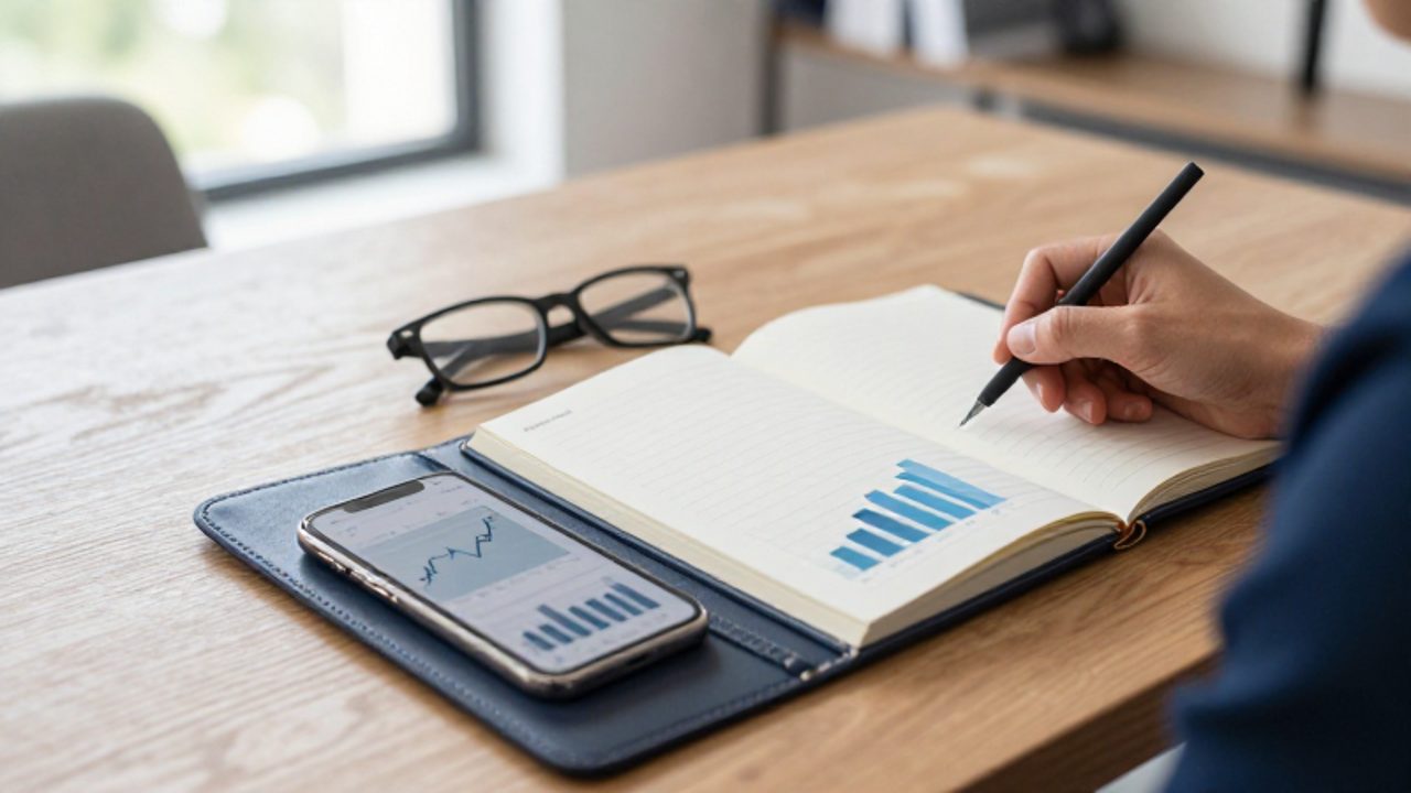 Persona revisando su cartera de inversiones en un smartphone con gráficos de crecimiento sobre un escritorio ordenado.