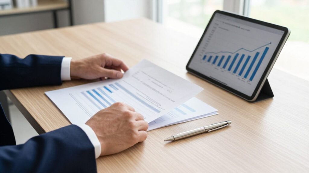 Manos organizando documentos financieros y un bolígrafo junto a una tablet que muestra un gráfico de barras con tendencia ascendente sobre un escritorio de madera.