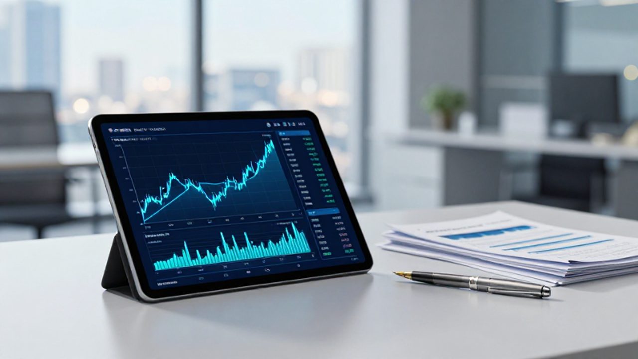 Una tableta muestra un gráfico financiero complejo con líneas de datos azules sobre un escritorio de oficina con informes y un bolígrafo.