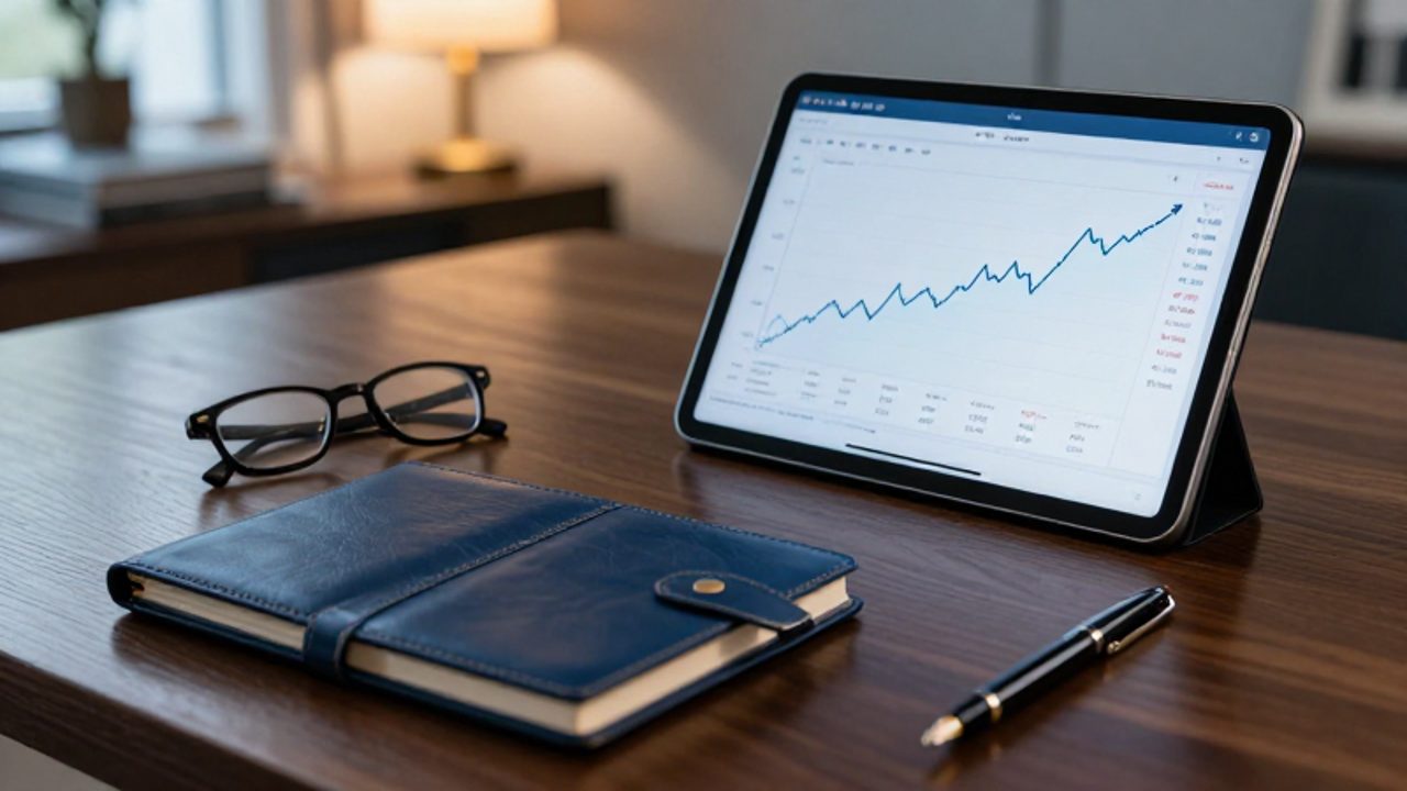 Tablet con un gráfico de crecimiento financiero junto a una libreta y bolígrafo sobre un escritorio de madera.