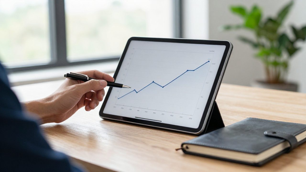 Una persona analiza en una tableta un gráfico de líneas que muestra dos trayectorias de crecimiento financiero distintas en un entorno de oficina luminoso.