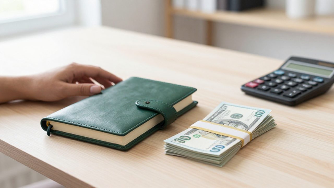 Una persona organiza un cuaderno con un montón de billetes y una calculadora sobre un escritorio de madera, transmitiendo una sensación de orden y ahorro.