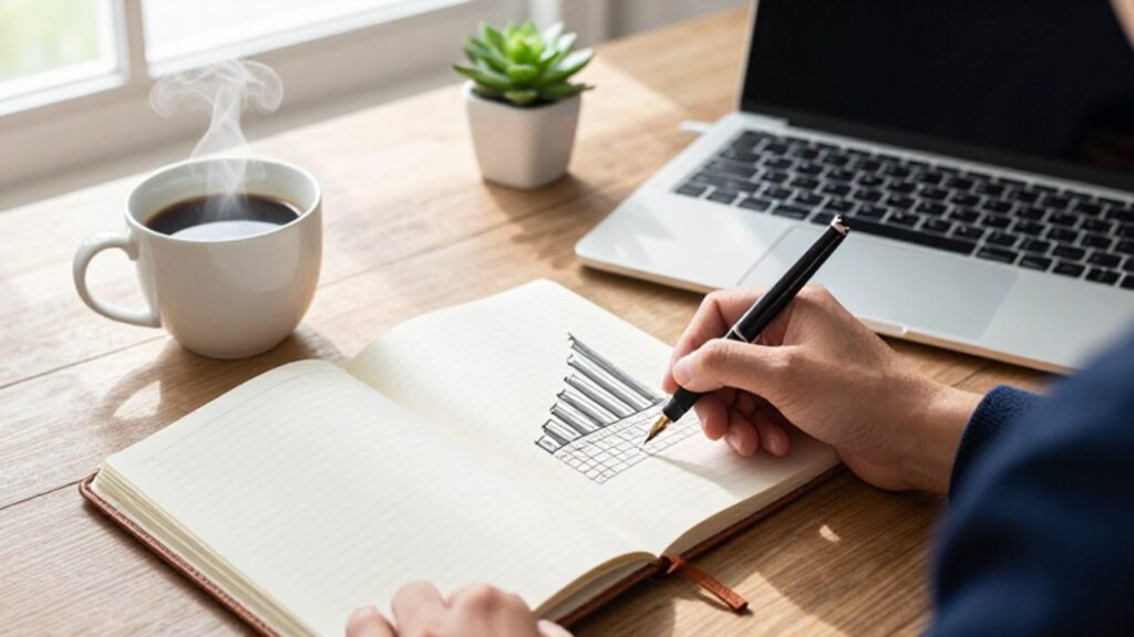 Una mano escribe un gráfico de barras ascendente y una tabla de presupuesto en un cuaderno sobre un escritorio organizado con un portátil y un café.