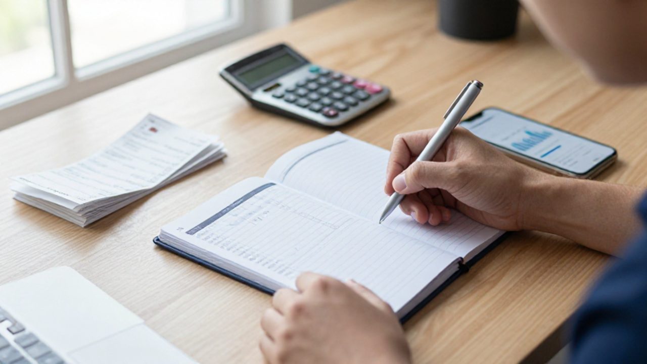 Manos de una persona organizando finanzas en un cuaderno con tablas y gráficos sobre un escritorio ordenado junto a una calculadora y recibos.