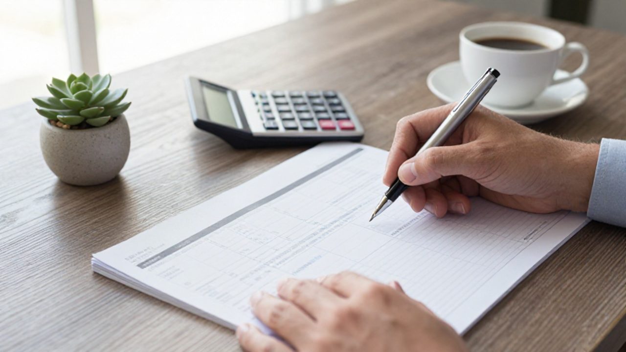 Manos de una persona revisando y marcando con un bolígrafo un plan financiero y un registro de gastos sobre un escritorio ordenado.