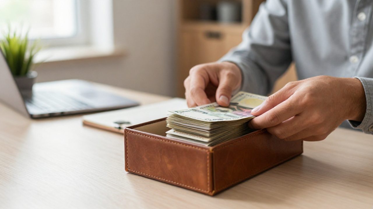 Manos organizando billetes con cuidado dentro de un organizador sobre un escritorio limpio y ordenado.