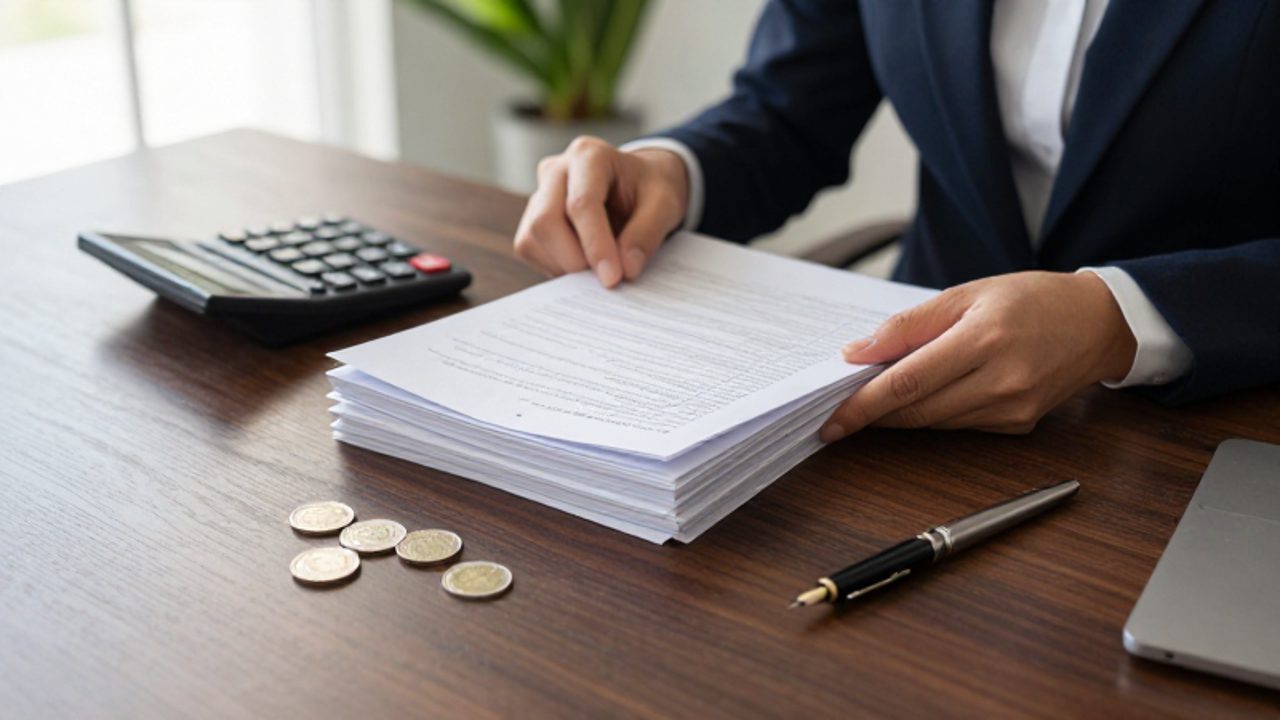 Manos organizando documentos financieros, una calculadora y monedas sobre un escritorio de madera, transmitiendo orden y control administrativo.