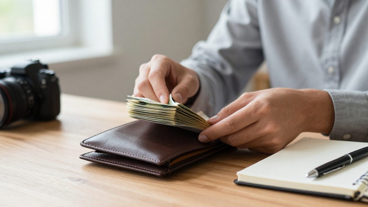 Manos de una persona colocando billetes ordenados en una cartera de cuero sobre un escritorio de madera, transmitiendo una sensación de control financiero y ahorro.