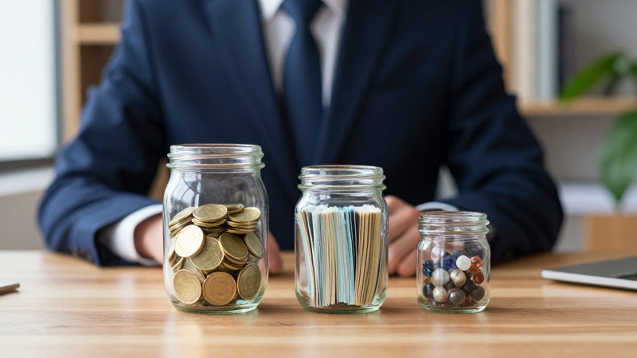 Tres frascos de vidrio de distintos tamaños sobre un escritorio, que contienen monedas de oro, certificados de papel y piedras preciosas como metáfora de la diversificación de activos.