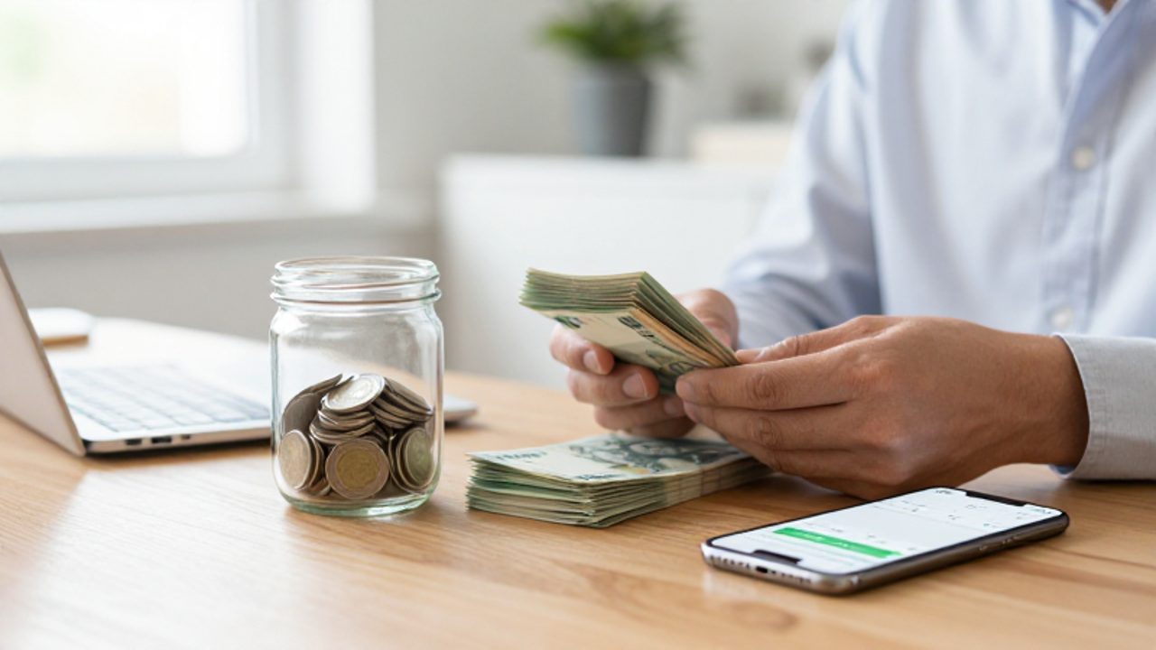 Manos organizando billetes junto a un frasco con monedas y un teléfono móvil que muestra el progreso de ahorros en una aplicación bancaria.