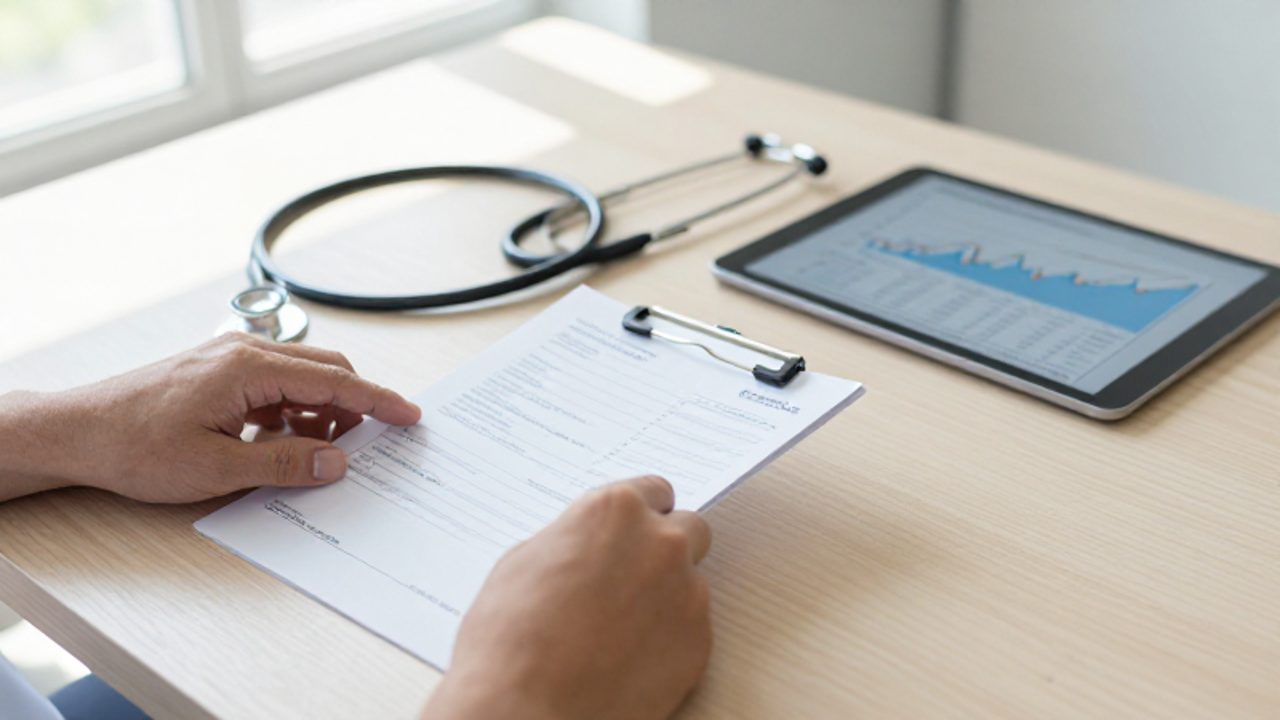 Manos organizando recibos médicos y un estetoscopio junto a una tableta con un gráfico de crecimiento financiero sobre un escritorio de madera.