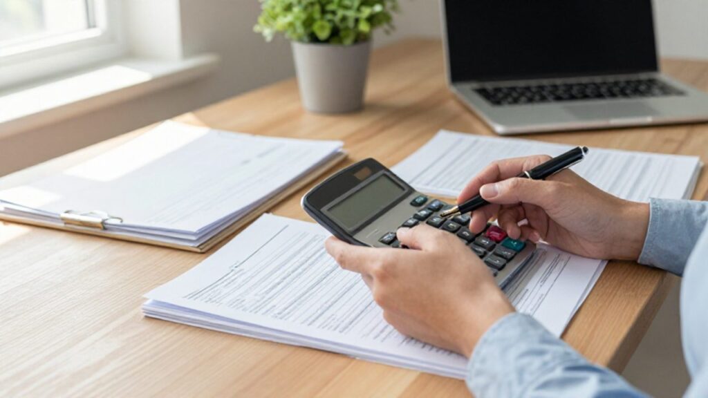 Manos organizando documentos fiscales, una calculadora y un bolígrafo sobre un escritorio de madera en una oficina luminosa.
