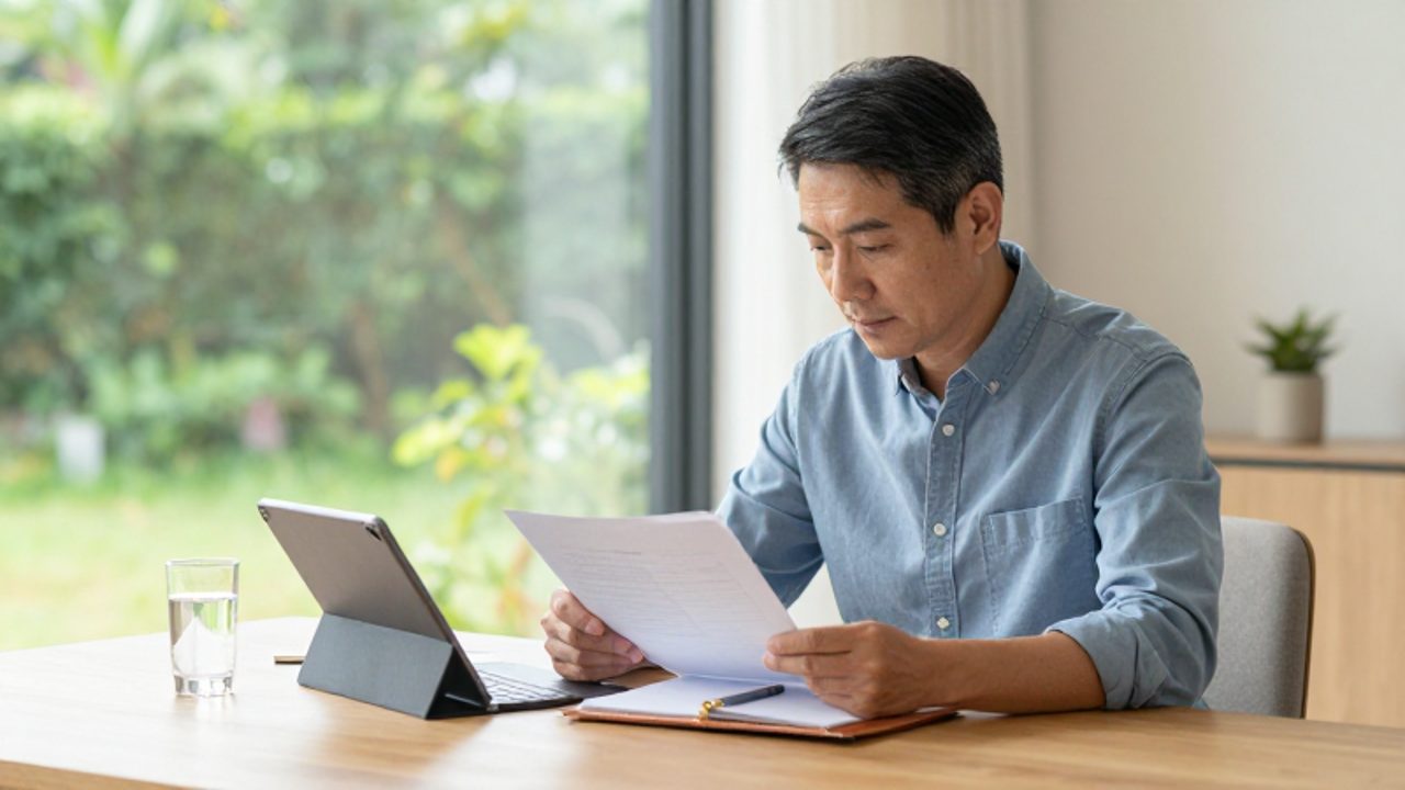 Persona de mediana edad revisando documentos financieros y una tablet en un escritorio de madera frente a una ventana con vistas a un jardín.