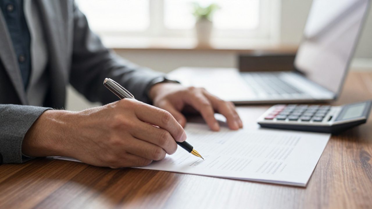 Manos revisando documentos financieros y utilizando una calculadora sobre un escritorio ordenado.