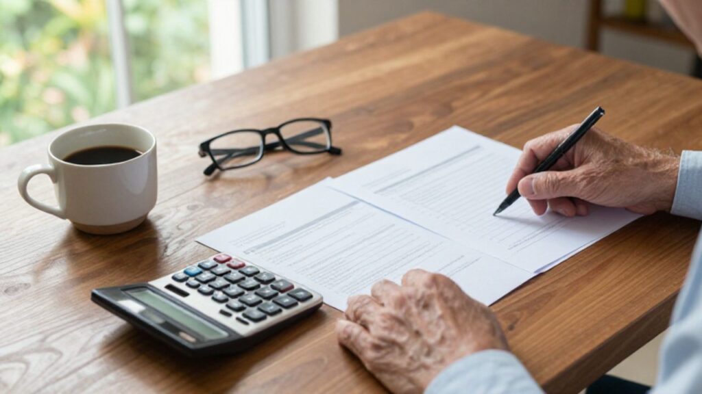 Manos de una persona mayor revisando documentos financieros y una calculadora sobre un escritorio de madera iluminado por la luz natural.
