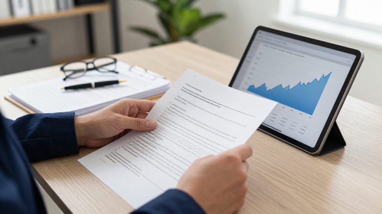 Manos de un inversor analizando estados financieros impresos y un gráfico de crecimiento en una tableta sobre un escritorio de oficina.
