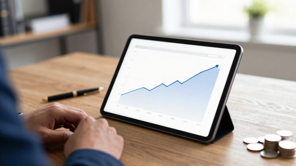 Tablet sobre un escritorio de madera mostrando un gráfico financiero con tendencia de crecimiento junto a una pluma y unas monedas.