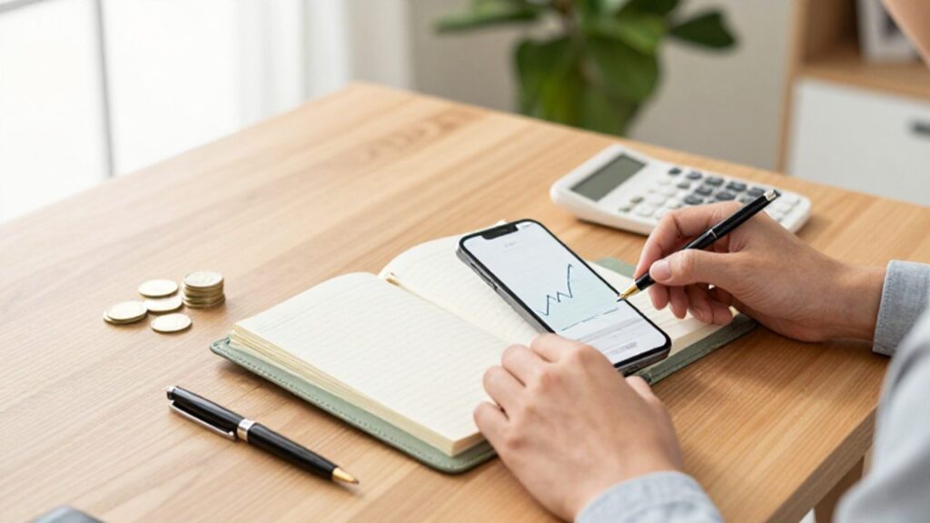Manos organizando finanzas sobre un escritorio con una agenda, monedas y un smartphone que muestra un gráfico de crecimiento ascendente.