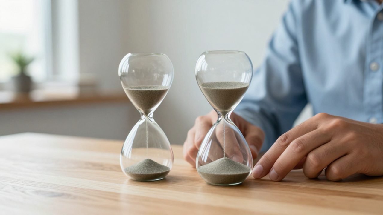 Dos relojes de arena sobre una mesa de madera comparan la diferencia de tiempo entre una inversión a corto y largo plazo.