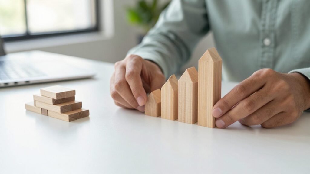 Manos organizando bloques de madera de distintas alturas sobre un escritorio, representando la planificación de inversiones a corto y largo plazo.