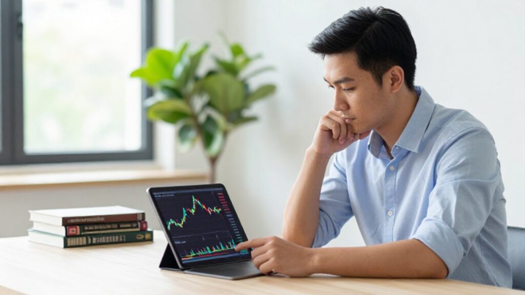Un inversor joven analiza con calma un gráfico de fluctuaciones de mercado en una tableta dentro de una oficina luminosa.