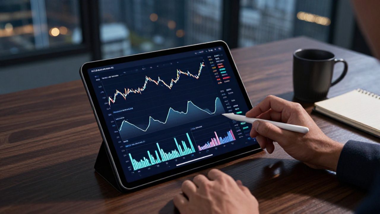 Manos de un analista utilizando un lápiz digital sobre una tableta que muestra gráficos de barras y curvas de crecimiento financiero en un escritorio de oficina.
