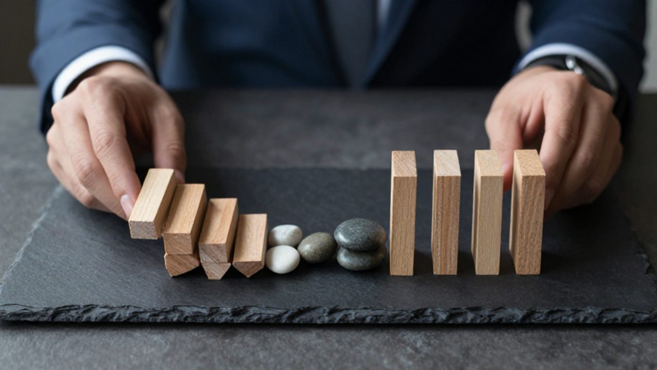 Manos organizando bloques de madera y piedras sobre una superficie oscura, contrastando una pila desordenada con una disposición simétrica y equilibrada.