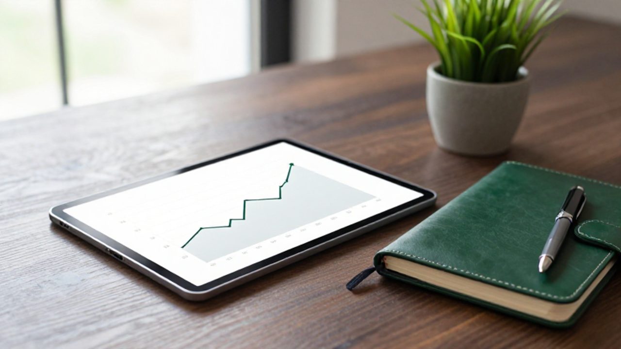 Una tableta digital muestra un gráfico de crecimiento exponencial sobre un escritorio de madera junto a un cuaderno y una pluma.