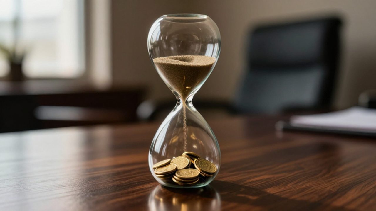 Reloj de arena sobre un escritorio de madera donde, en lugar de arena, caen pequeñas monedas de oro que se acumulan en la parte inferior.