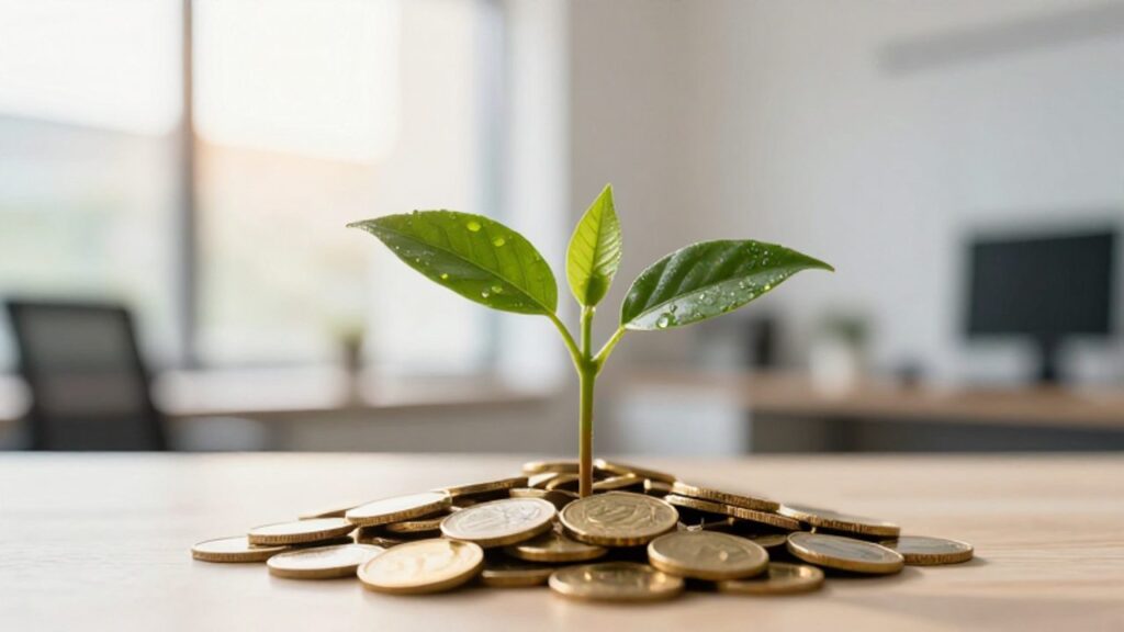 Una pequeña planta verde crece sobre una pila de monedas de oro en un entorno de oficina luminoso, simbolizando el crecimiento del capital.