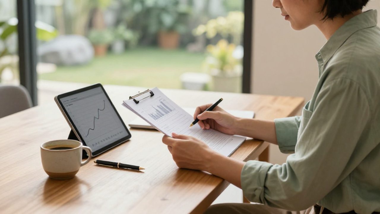 Persona tranquila en una oficina iluminada revisando un planificador financiero y gráficos de crecimiento en una tableta sobre un escritorio ordenado.