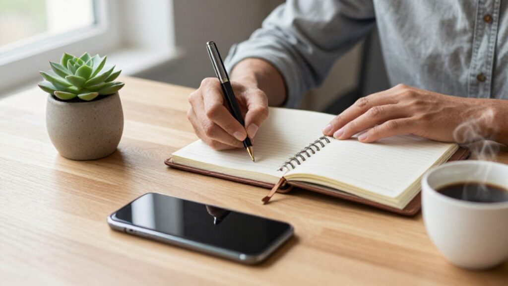 Persona escribiendo con calma en un planificador sobre un escritorio de madera, ignorando un teléfono móvil boca abajo para mantener la concentración.