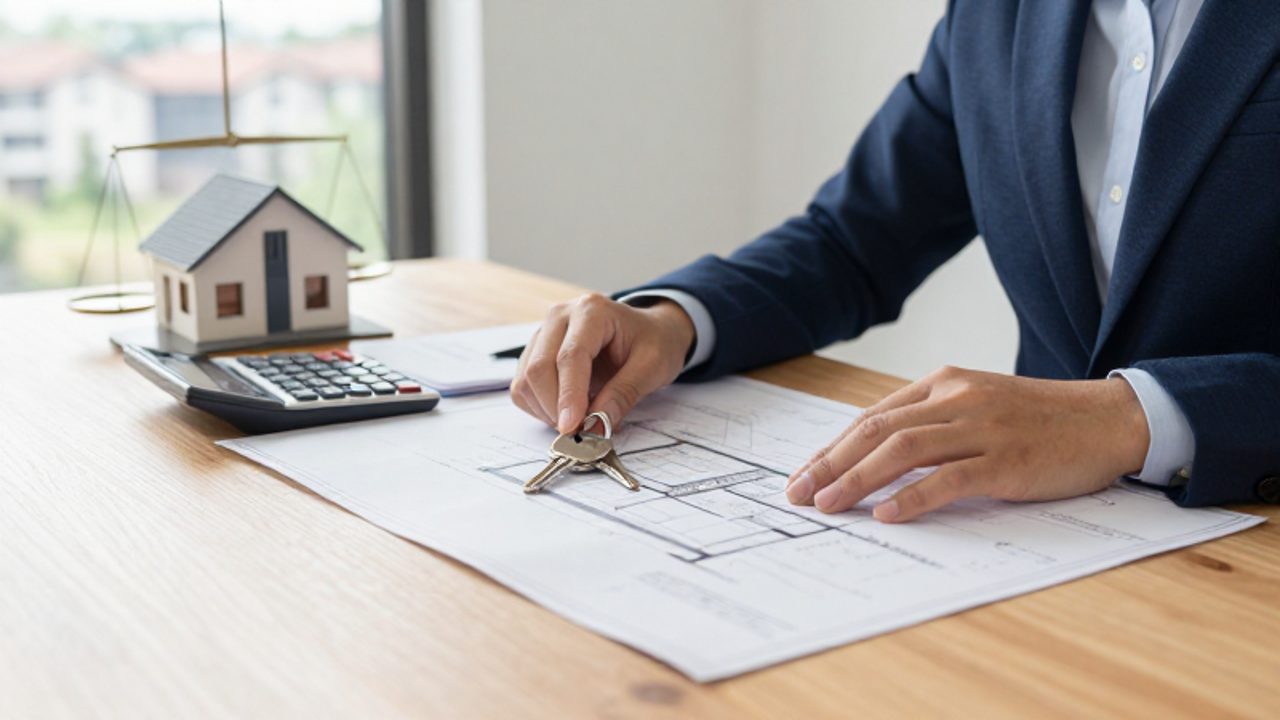 Manos de una persona revisando planos arquitectónicos, llaves de una casa y documentos financieros sobre un escritorio de madera.