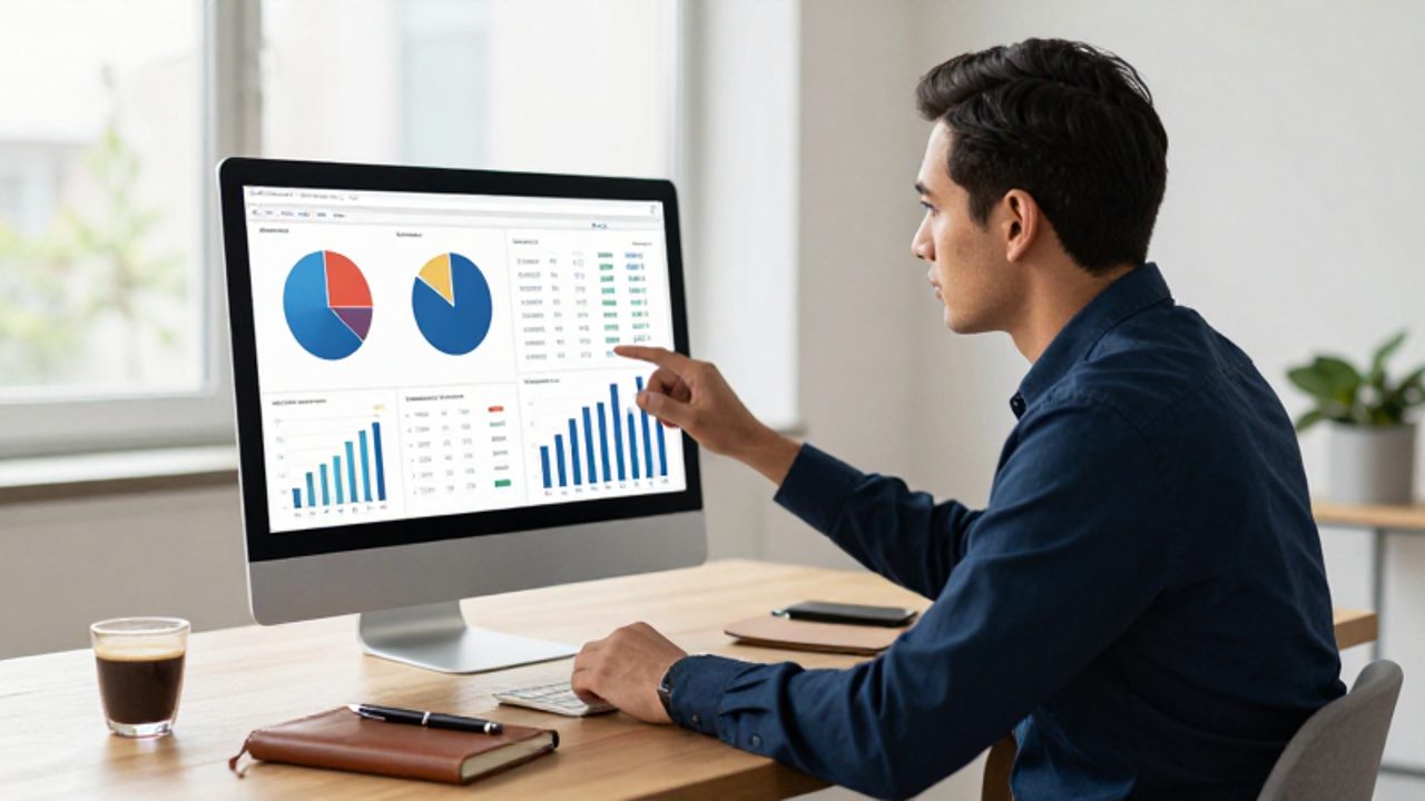 Inversor trabajando con calma en su oficina frente a un monitor que muestra gráficos de distribución de activos financieros.