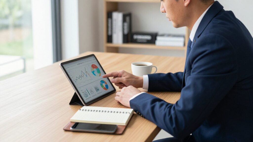 Hombre concentrado revisando gráficos de crecimiento y diagramas circulares en una tableta sobre un escritorio de oficina.