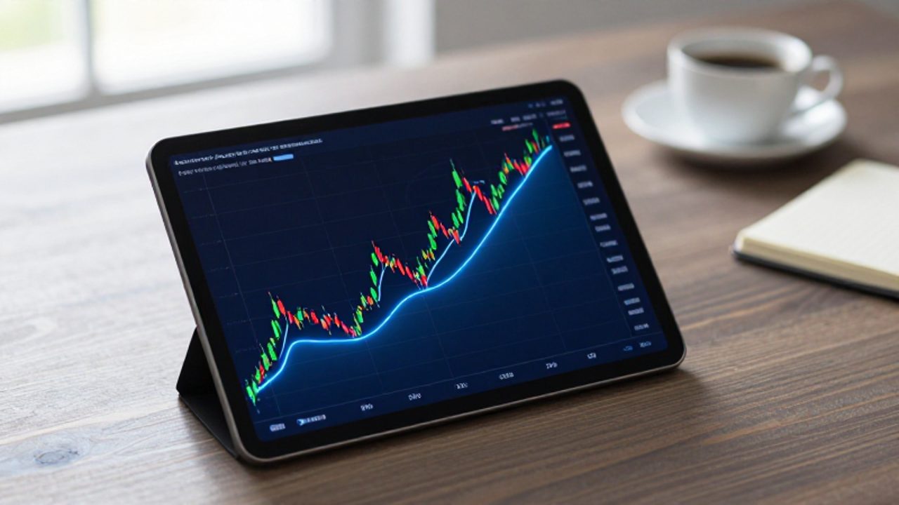 Gráfico de velas financieras en una tableta donde una línea azul de media móvil suaviza las fluctuaciones de precio para mostrar una tendencia alcista.