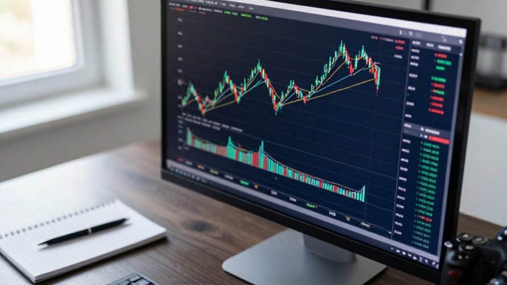 Monitor de computadora que muestra un gráfico de velas japonesas con tendencias de precios y líneas de medias móviles sobre un escritorio ordenado.