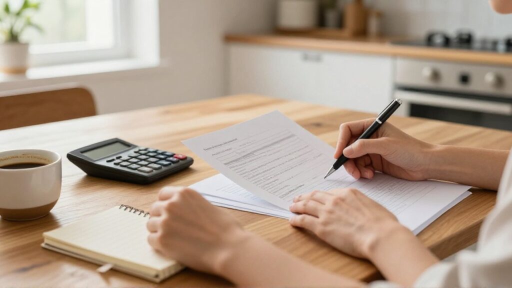 Manos escribiendo notas en un cuaderno junto a documentos