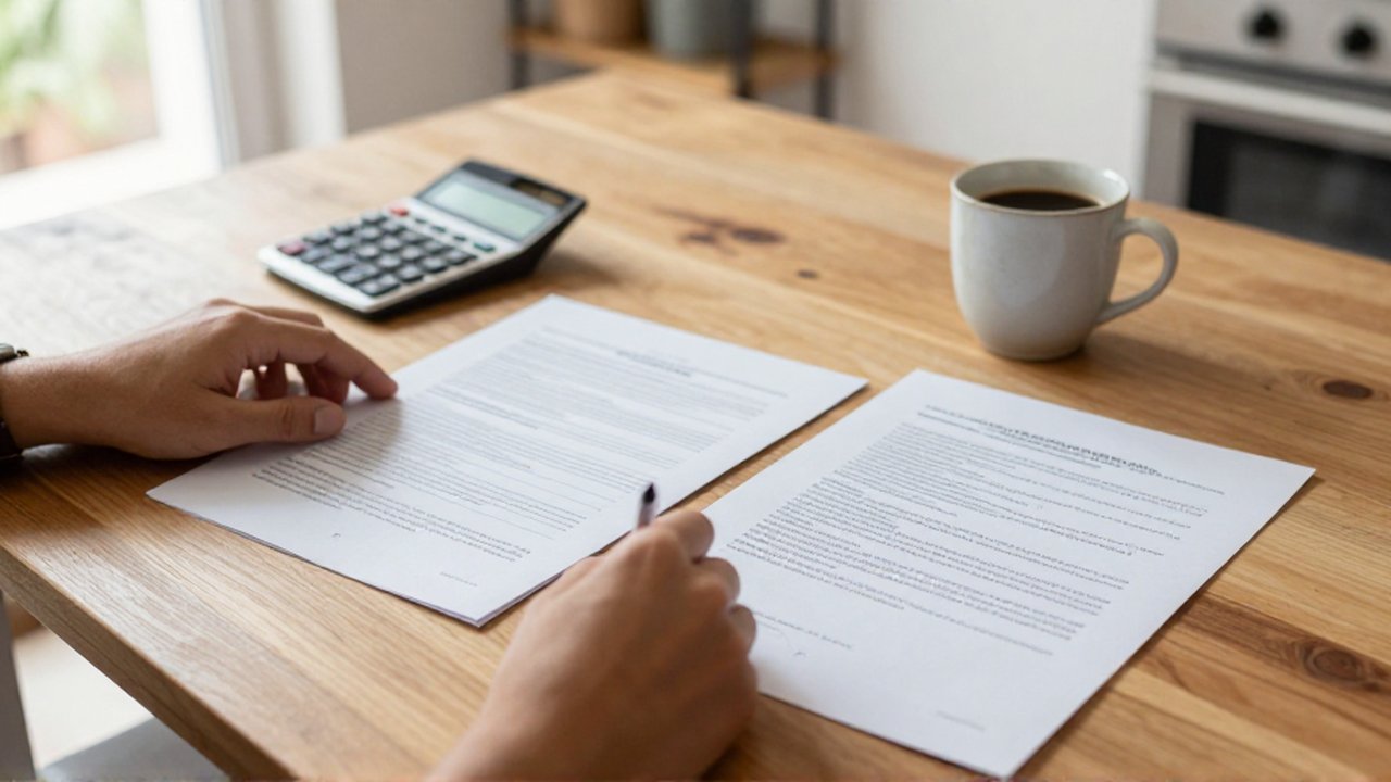 Manos comparando dos documentos impresos sobre una mesa de madera junto a una calculadora y café.