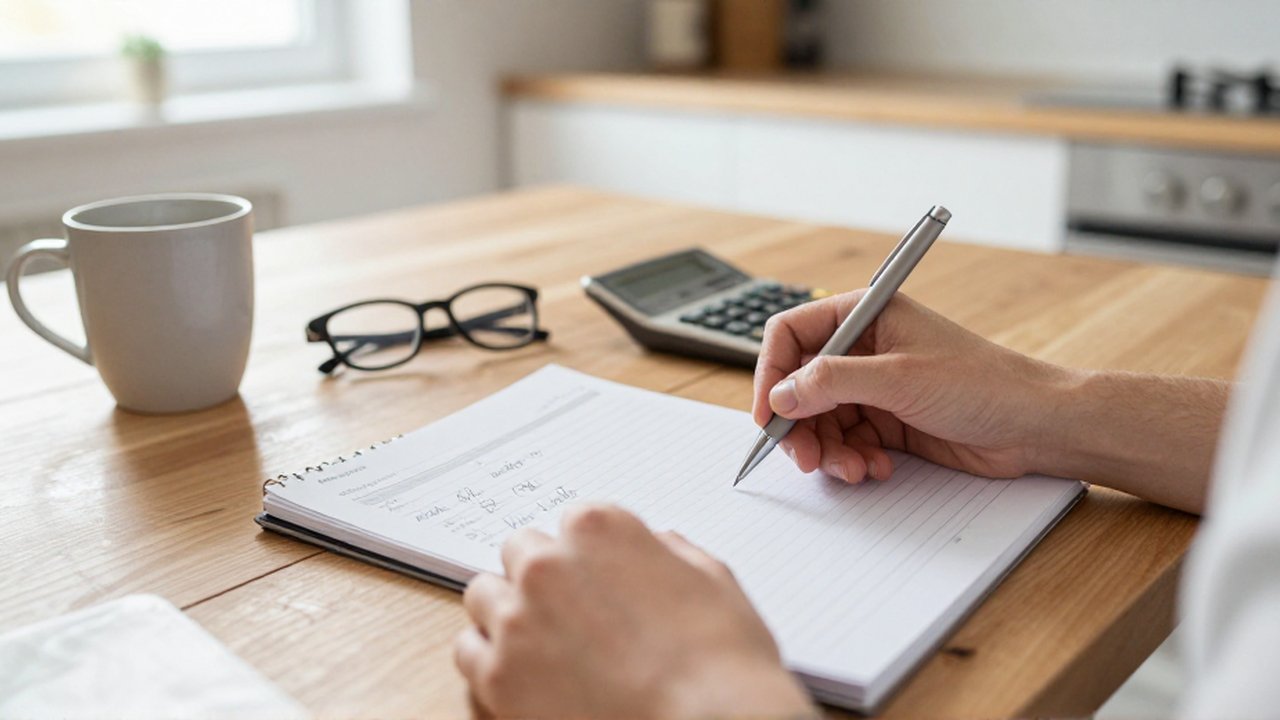Manos con un bolígrafo revisan documentos y un presupuesto en un cuaderno sobre una mesa de madera.