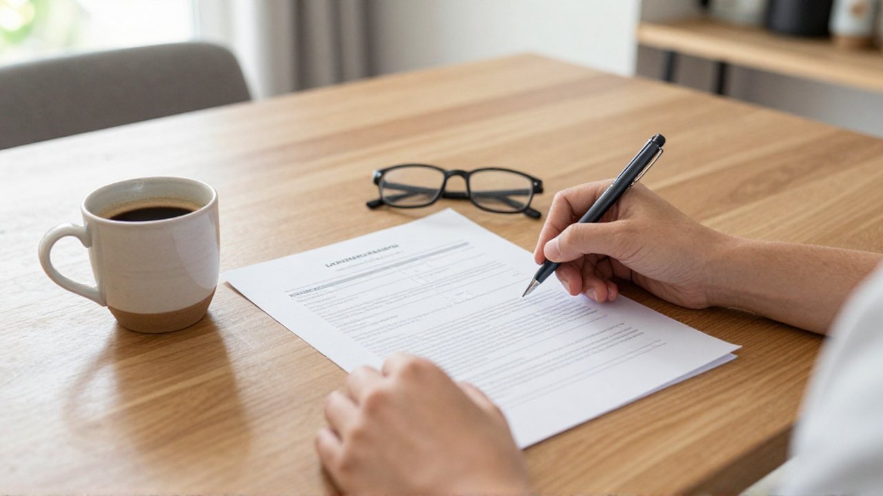 Manos revisando un documento impreso con un bolígrafo sobre una mesa de madera junto a un café.