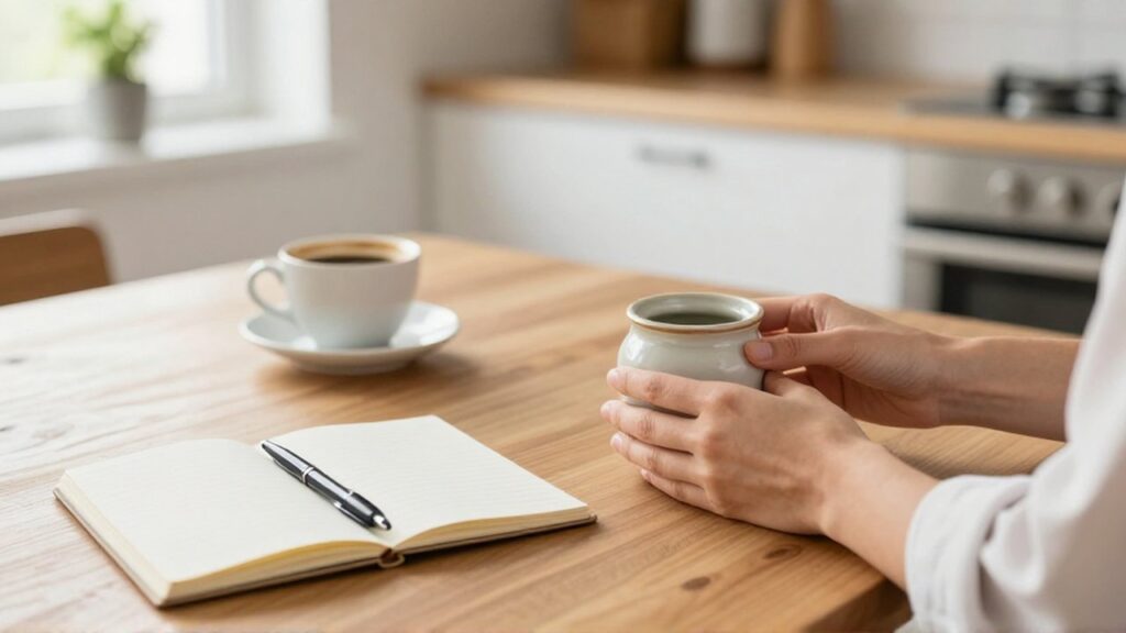 Manos colocando un pequeño tarro de cerámica sobre una mesa de madera junto a un cuaderno.