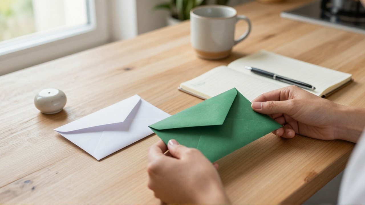 Manos organizando dos sobres de distintos colores y un cuaderno sobre una mesa de madera clara.