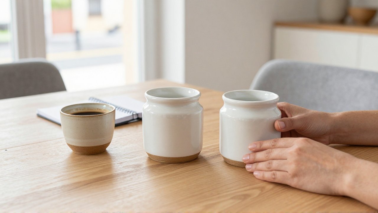 Unas manos organizan dos frascos de cerámica idénticos junto a un cuaderno y un café sobre una mesa de madera.