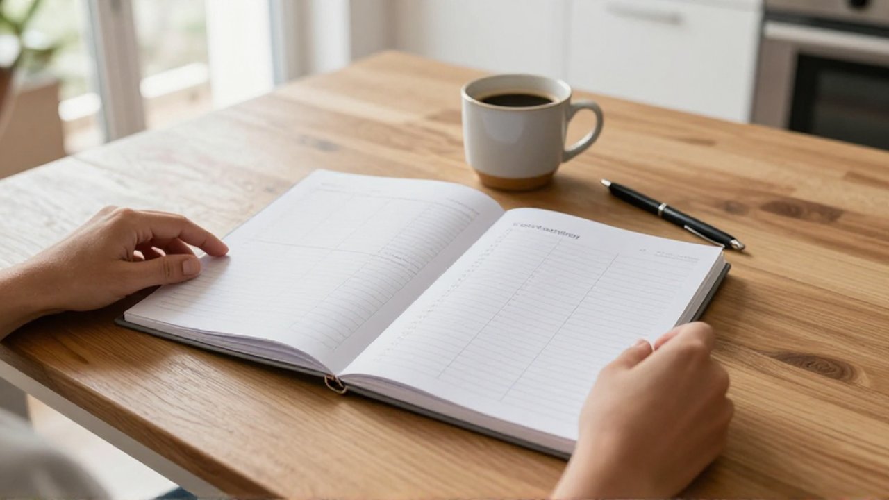 Manos sobre una mesa de madera comparan dos cuadernos con diferentes calendarios junto a un café.