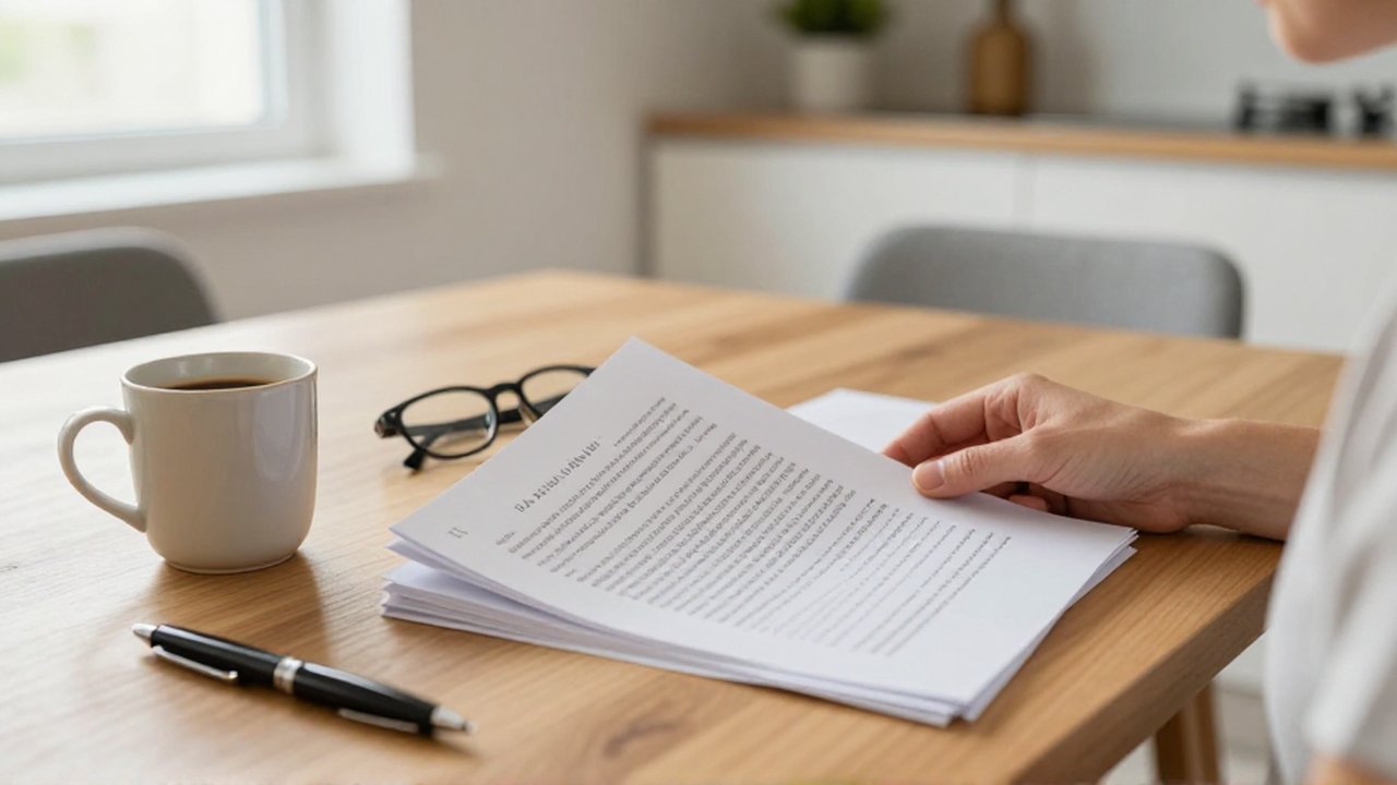 Una persona lee un documento impreso sobre una mesa de madera junto a un café y unas gafas.