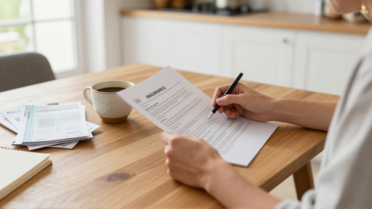 Persona sentada ante una mesa de madera leyendo documentos de seguros con un café y facturas.